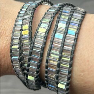 Elegant Grey Leather & Crystal Wrap Bracelet